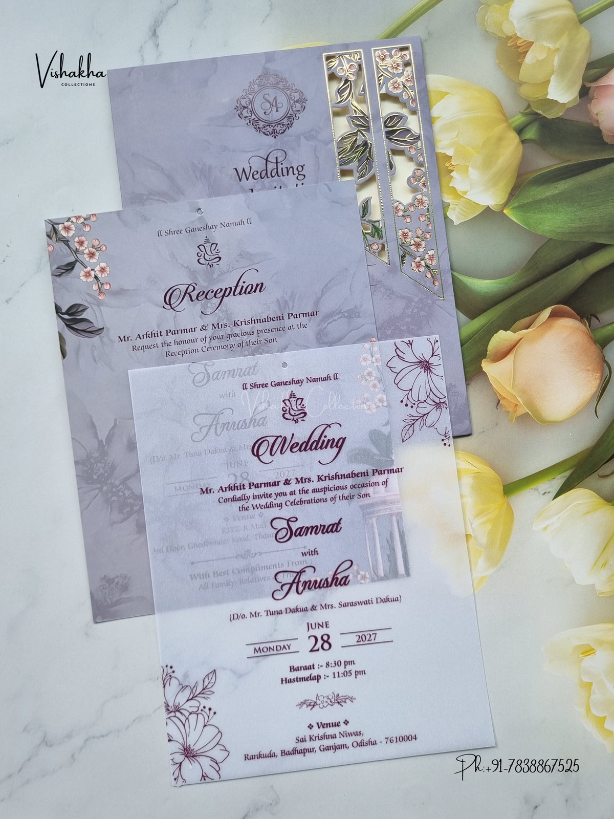 Ribbon Flower Hindu Muslim Christian Sikh Jain invitation Cards VN-787 – image 3
