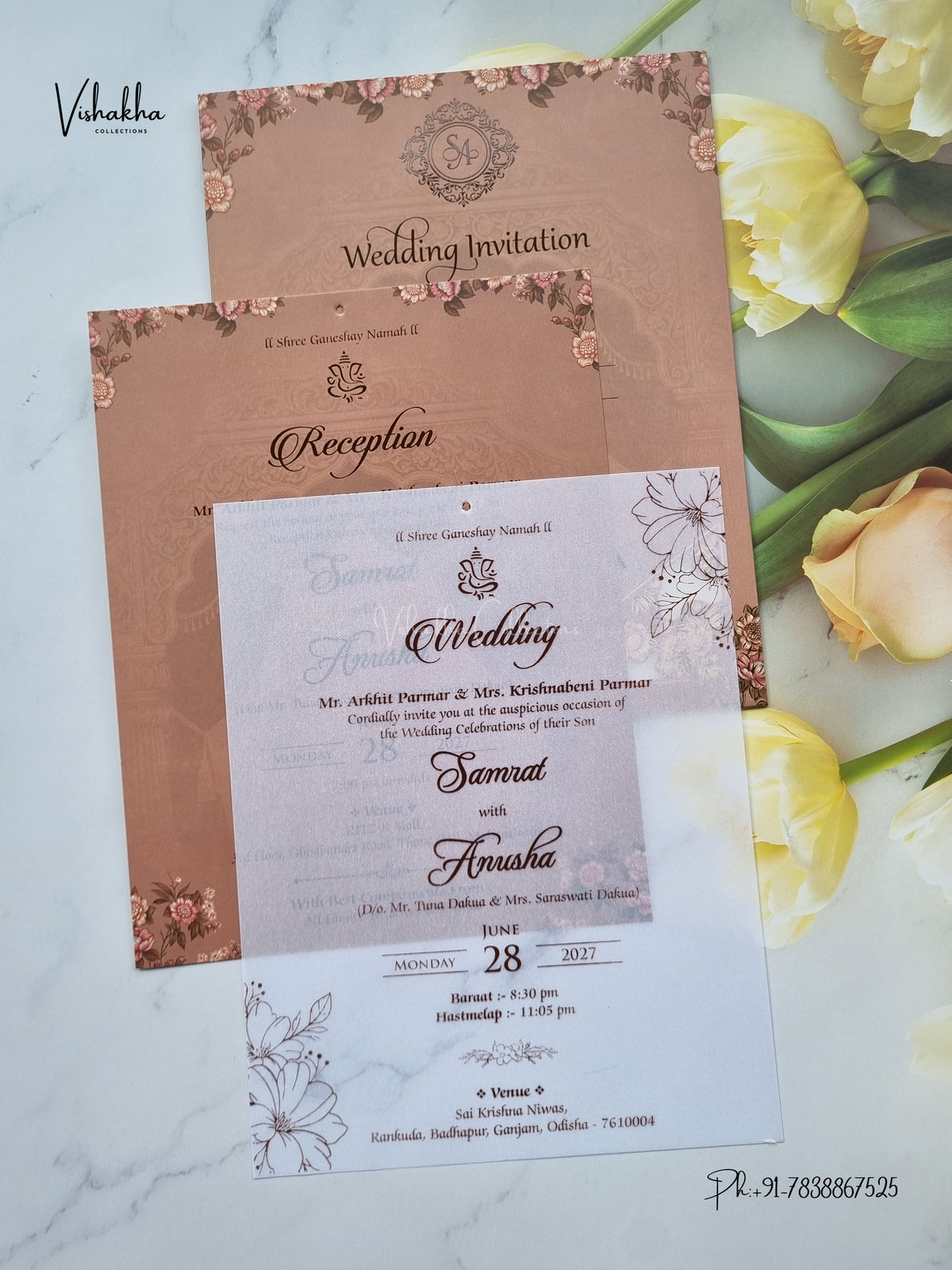 Ribbon Flower Hindu Muslim Christian Sikh Jain invitation Cards VN-788 – image 3