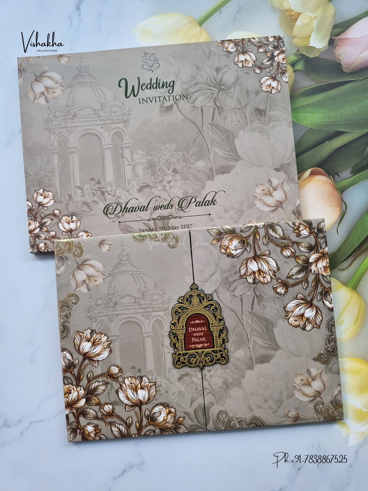 Semi Box Padded Double Door Flower Hindu Muslim Christian Sikh Jain invitation Cards VN-790 – image 1