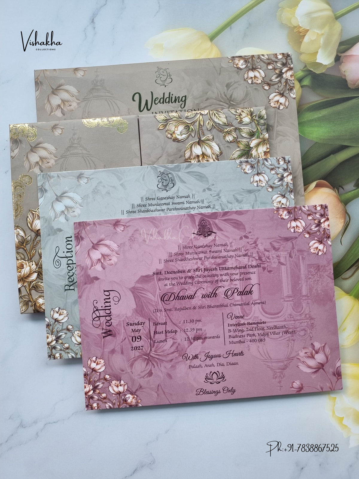 Semi Box Padded Double Door Flower Hindu Muslim Christian Sikh Jain invitation Cards VN-790 – image 3