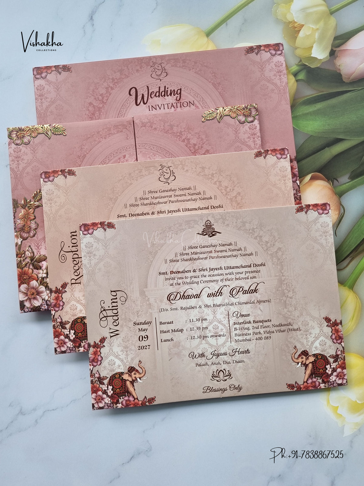 Semi Box Padded Double Door Hathi Hindu Muslim Christian Sikh Jain invitation Cards VN-791 – image 3