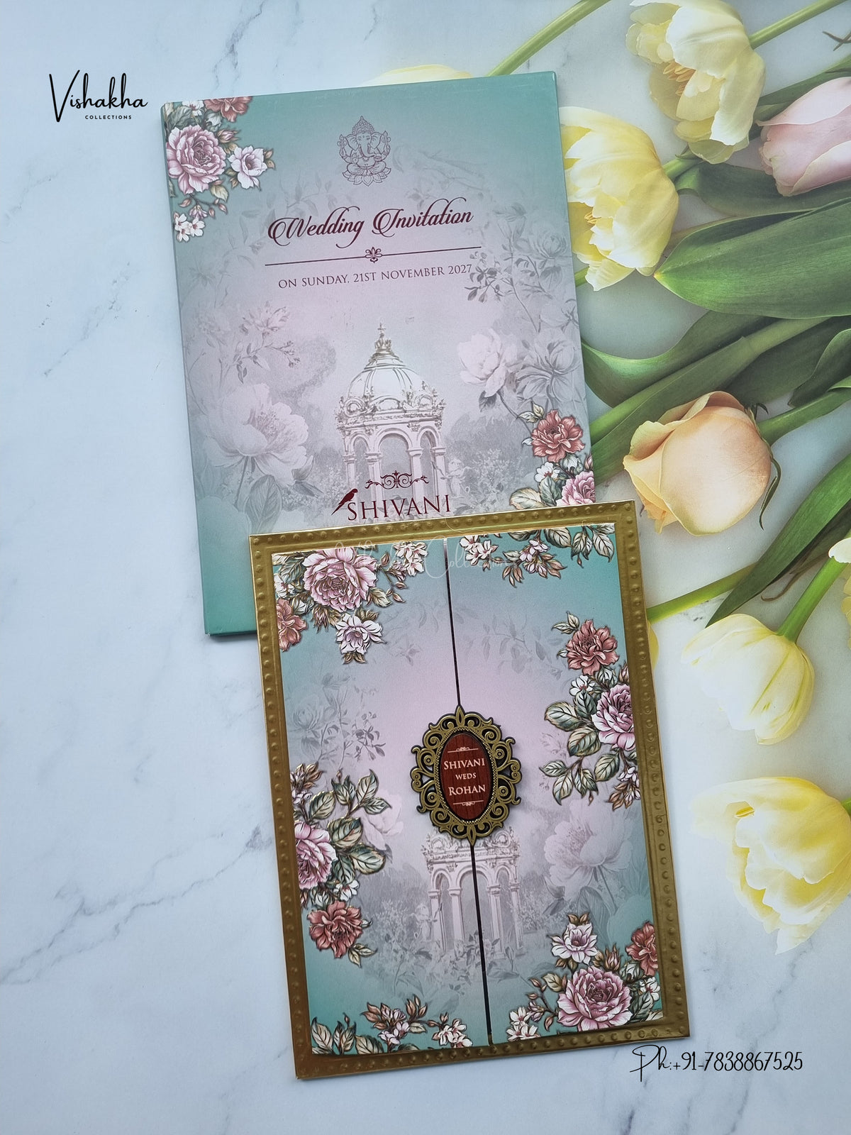 Semi Box MDF Board Laser Cut Padded Double Door Flower Hindu Muslim Christian Sikh Jain invitation Cards VN-794 – image 1