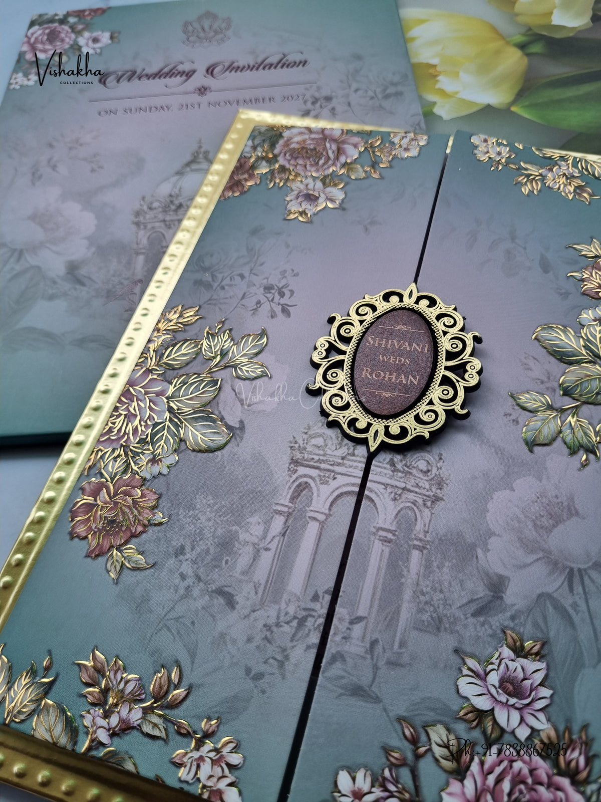 Semi Box MDF Board Laser Cut Padded Double Door Flower Hindu Muslim Christian Sikh Jain invitation Cards VN-794 – image 2