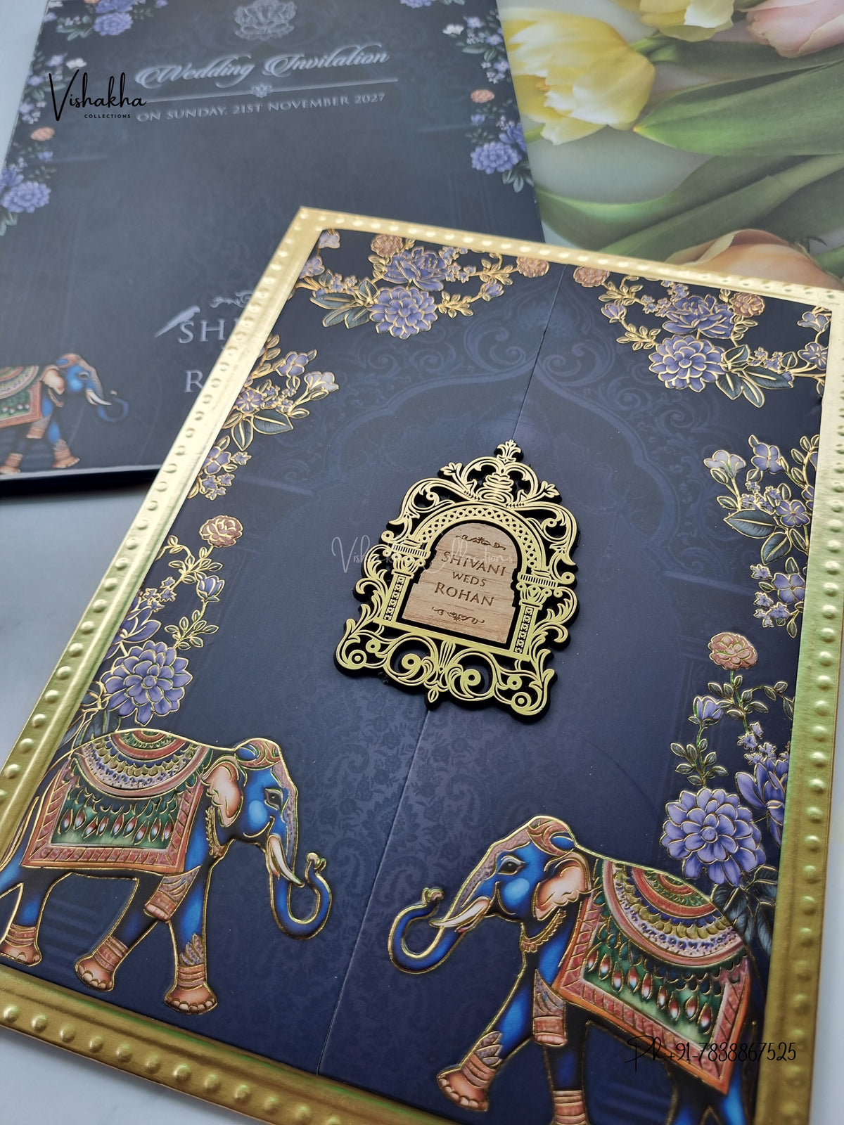 Semi Box MDF Board Laser Cut Padded Double Door Flower Hindu Muslim Christian Sikh Jain invitation Cards VN-796 – image 2