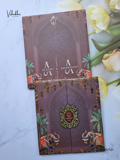 Semi Box Padded Double Door Hathi Hindu Muslim Christian Sikh Jain invitation Cards VN-798 – image 1