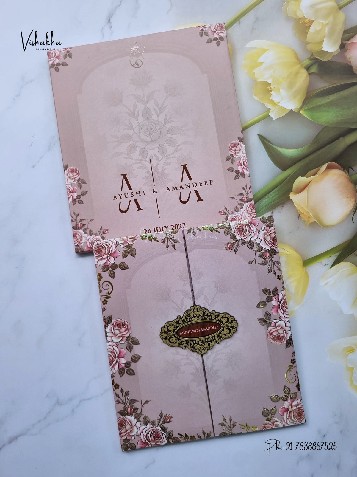 Semi Box Padded Double Door Flower Hindu Muslim Christian Sikh Jain invitation Cards VN-799 – image 1