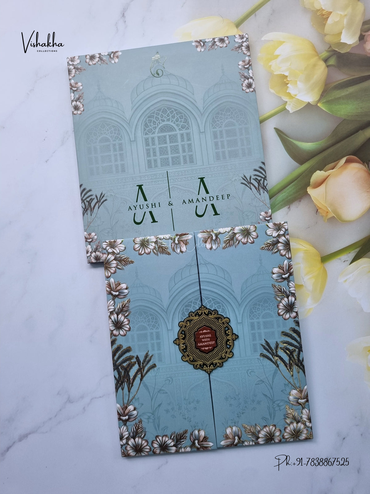 Semi Box Padded Double Door Flower Hindu Muslim Christian Sikh Jain invitation Cards VN-800 – image 1
