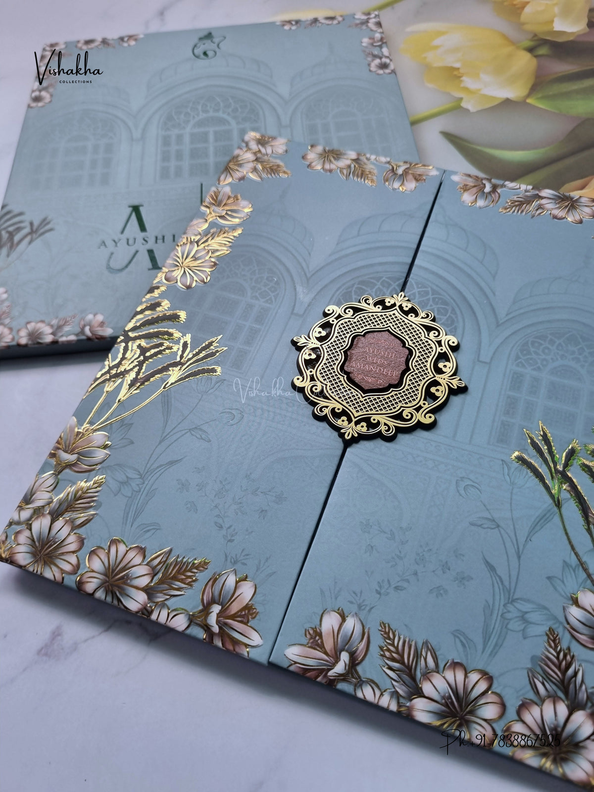 Semi Box Padded Double Door Flower Hindu Muslim Christian Sikh Jain invitation Cards VN-800 – image 2