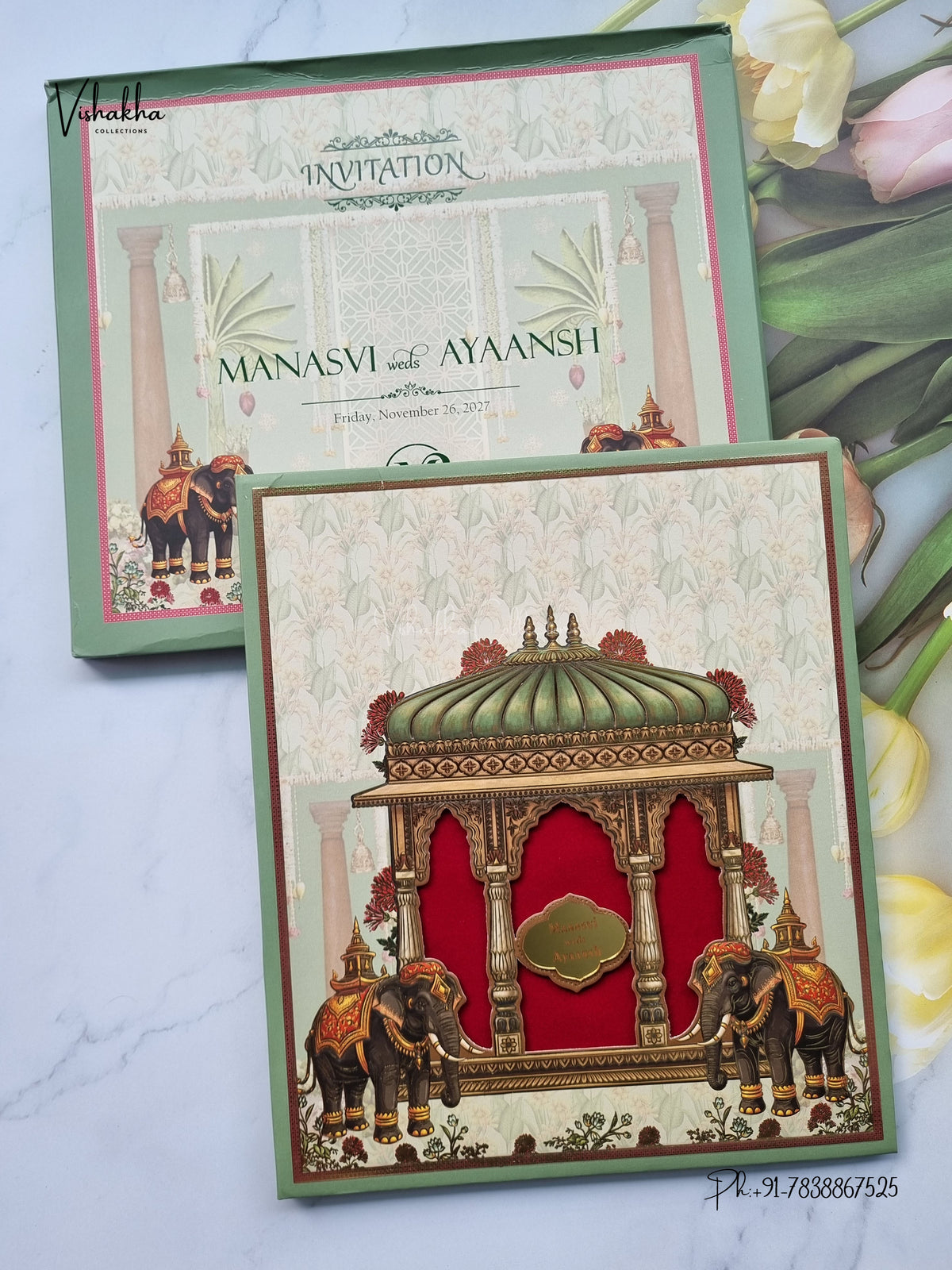 Semi Box Laser Cut Padded Hathi Hindu Muslim Christian Sikh Jain invitation Cards VN-809 – image 1