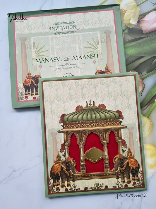 Semi Box Laser Cut Padded Hathi Hindu Muslim Christian Sikh Jain invitation Cards VN-809 – image 1