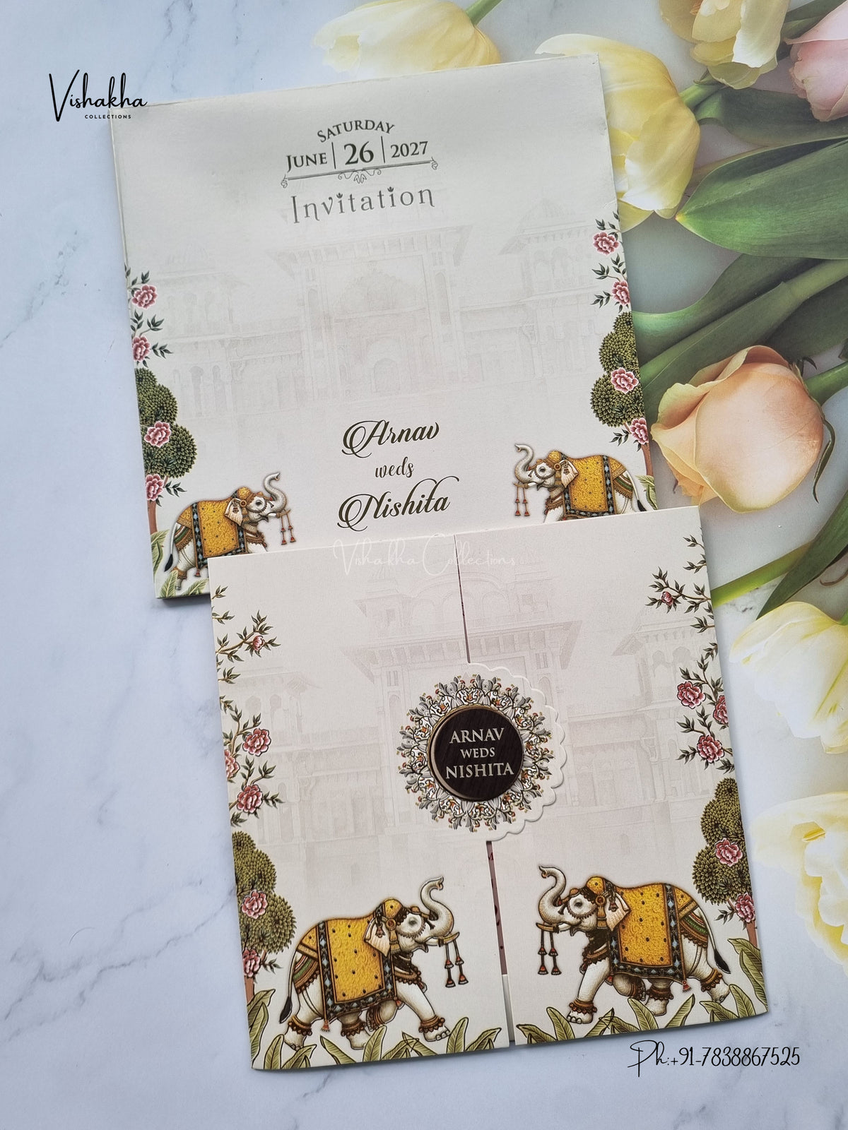 Semi Box Double Door Hathi Hindu Muslim Christian Sikh Jain invitation Cards VN-810 – image 1