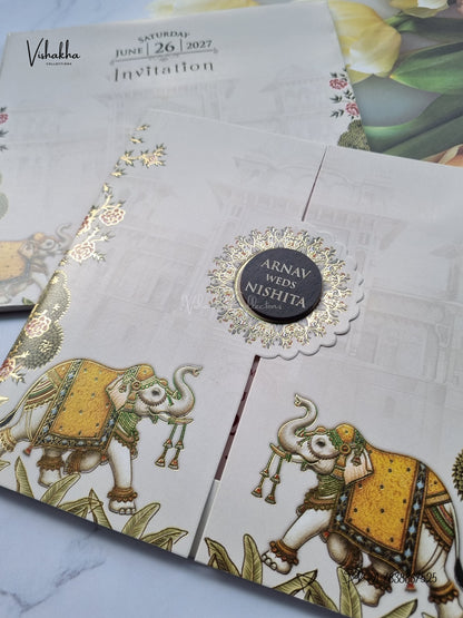 Semi Box Double Door Hathi Hindu Muslim Christian Sikh Jain invitation Cards VN-810 – image 2