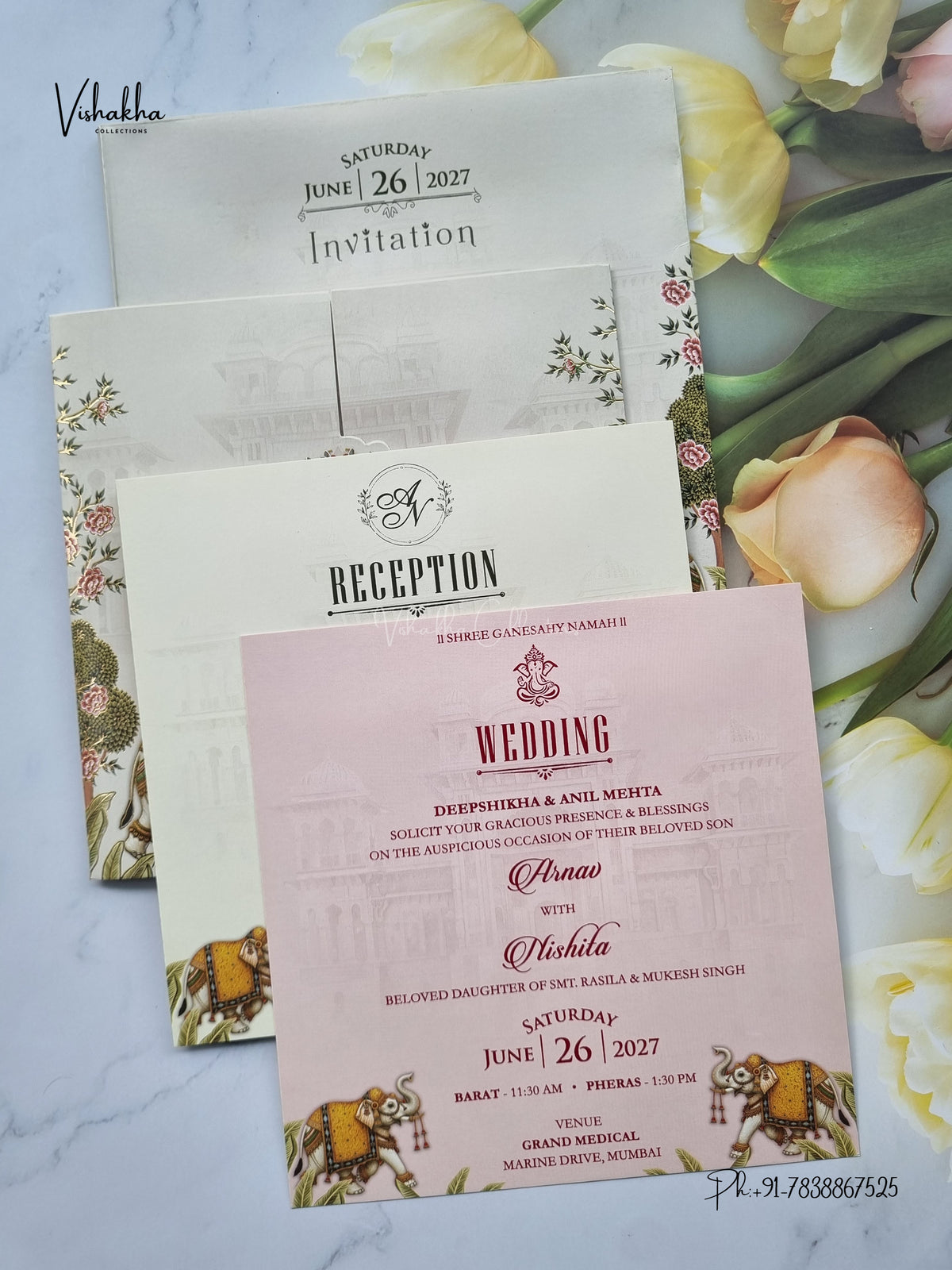 Semi Box Double Door Hathi Hindu Muslim Christian Sikh Jain invitation Cards VN-810 – image 3