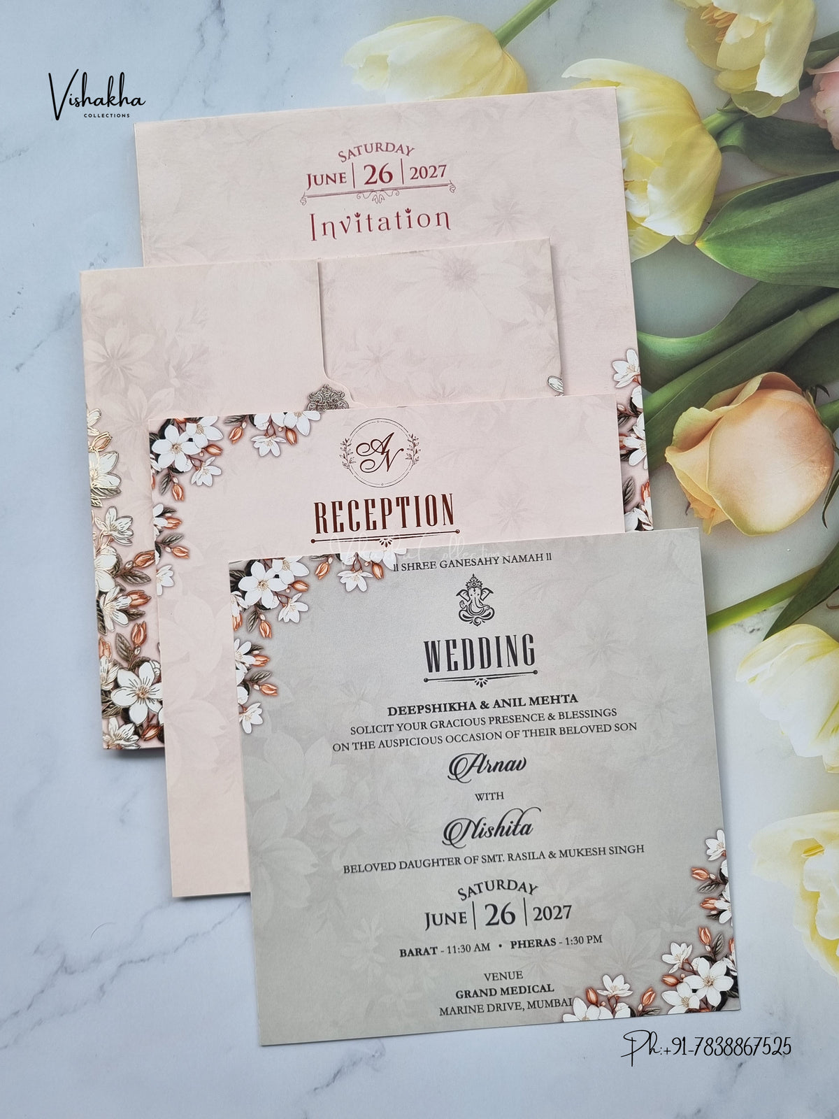 Semi Box Double Door Flower Hindu Muslim Christian Sikh Jain invitation Cards VN-811 – image 3