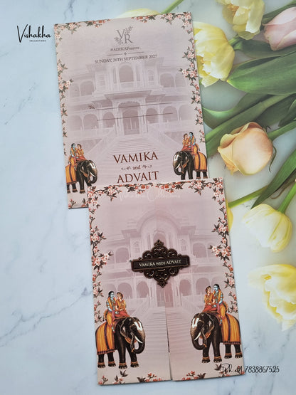 Double Door Hathi Hindu Muslim Christian Sikh Jain invitation Cards VN-813 – image 1