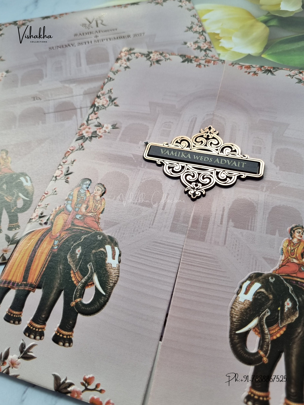 Double Door Hathi Hindu Muslim Christian Sikh Jain invitation Cards VN-813 – image 2