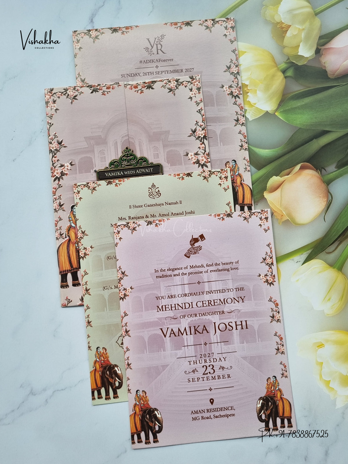 Double Door Hathi Hindu Muslim Christian Sikh Jain invitation Cards VN-813 – image 3