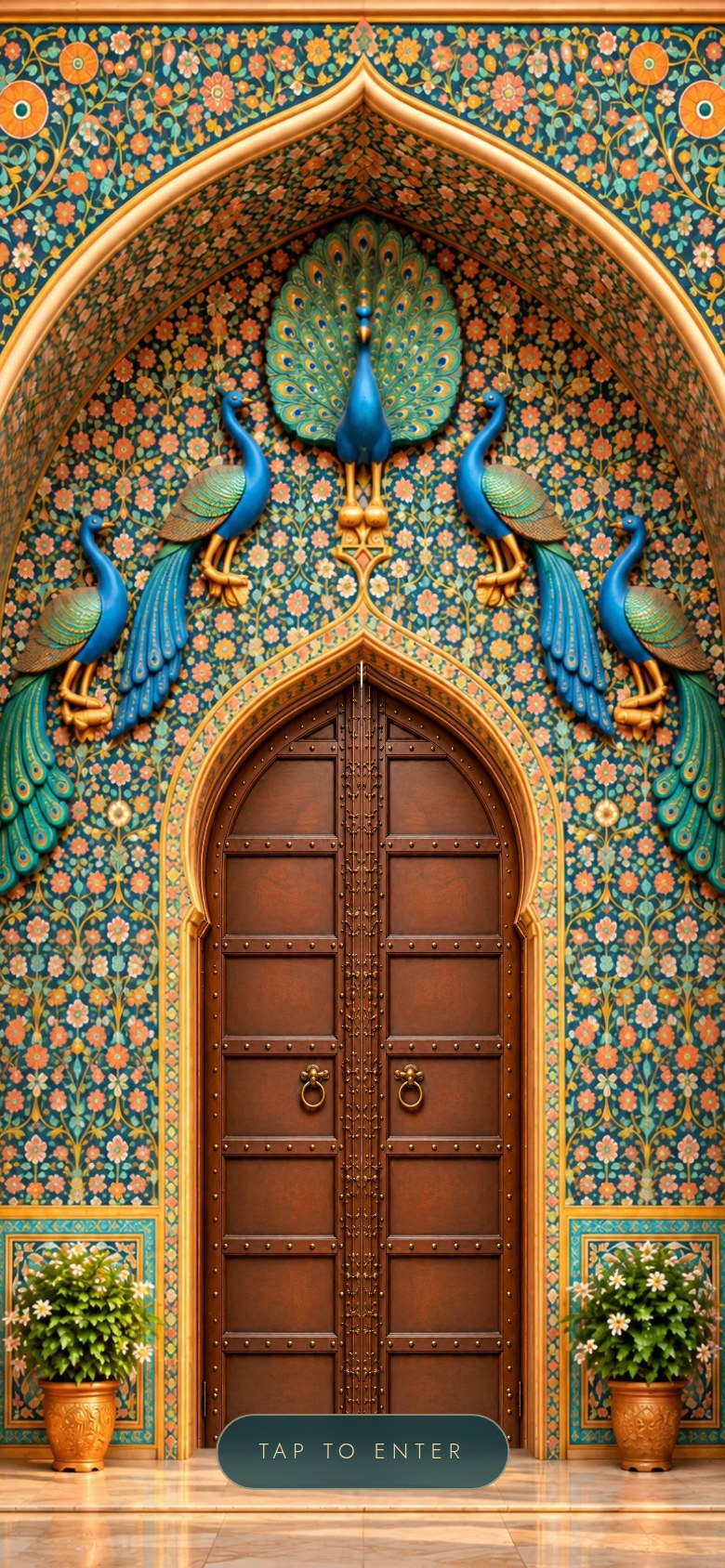 Peacock palace gate wedding invitation website on a phone: carved wooden door under a blue and gold peacock archway with a Tap to Enter button, WEB-001