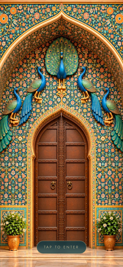 Peacock palace gate wedding invitation website on a phone: carved wooden door under a blue and gold peacock archway with a Tap to Enter button, WEB-001