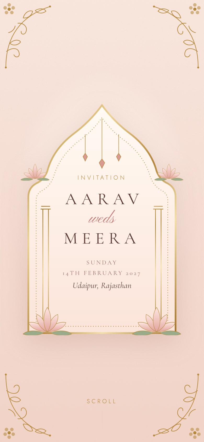 Royal wedding website invitation opened: Aarav weds Meera in a blush and gold jharokha arch with lotus details, Udaipur, Rajasthan