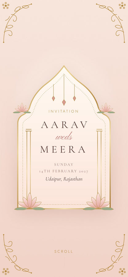Royal wedding website invitation opened: Aarav weds Meera in a blush and gold jharokha arch with lotus details, Udaipur, Rajasthan