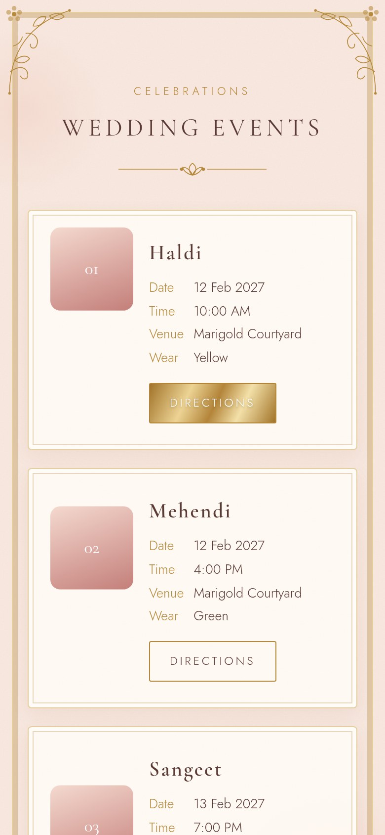 Wedding events on the palace gate wedding website: Haldi, Mehendi and Sangeet cards with date, time, venue, dress code and directions