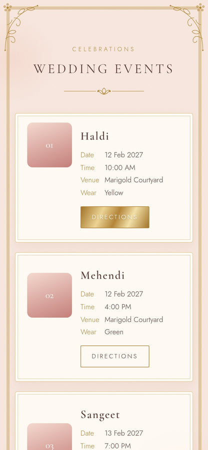 Wedding events on the palace gate wedding website: Haldi, Mehendi and Sangeet cards with date, time, venue, dress code and directions