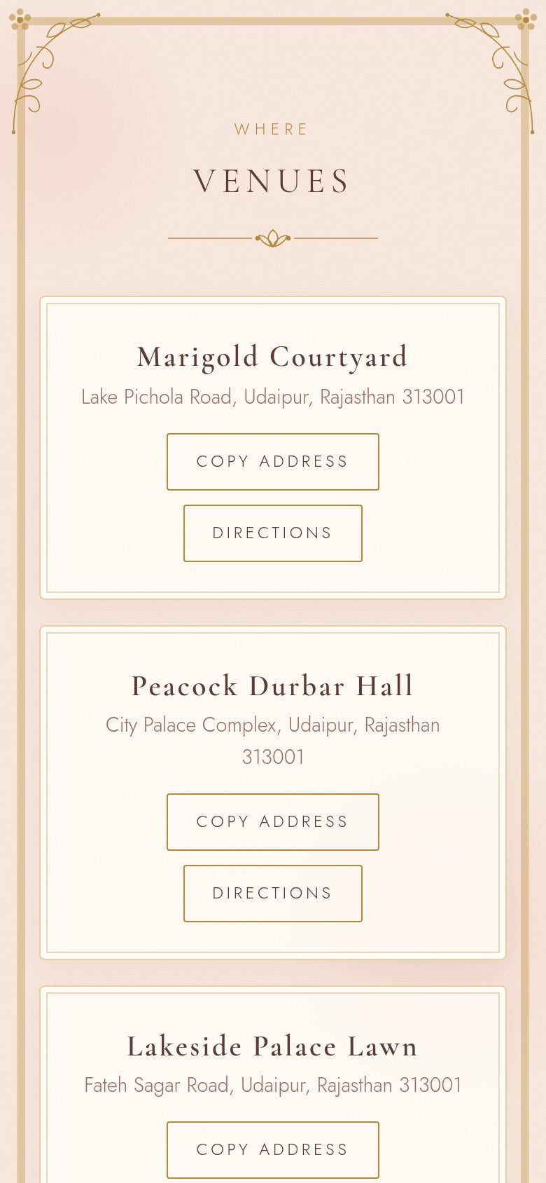 Venues section of the wedding invitation website with Udaipur addresses, copy address and Google Maps directions buttons