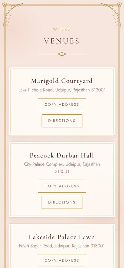 Venues section of the wedding invitation website with Udaipur addresses, copy address and Google Maps directions buttons