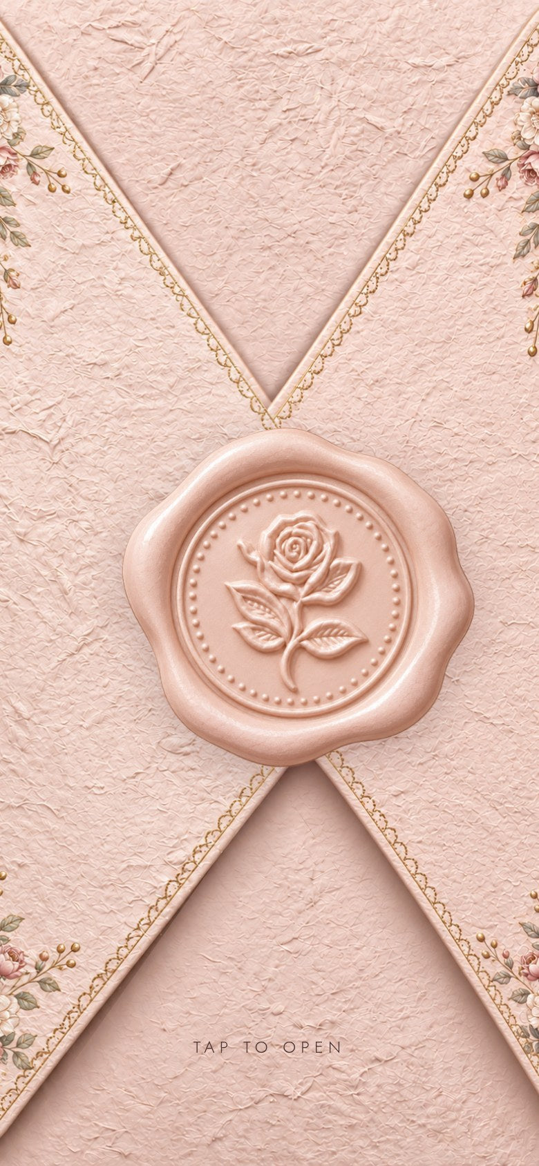 Rose seal envelope wedding invitation website on a phone: blush pink envelope closed with a rose wax seal and a Tap to Open hint, WEB-002