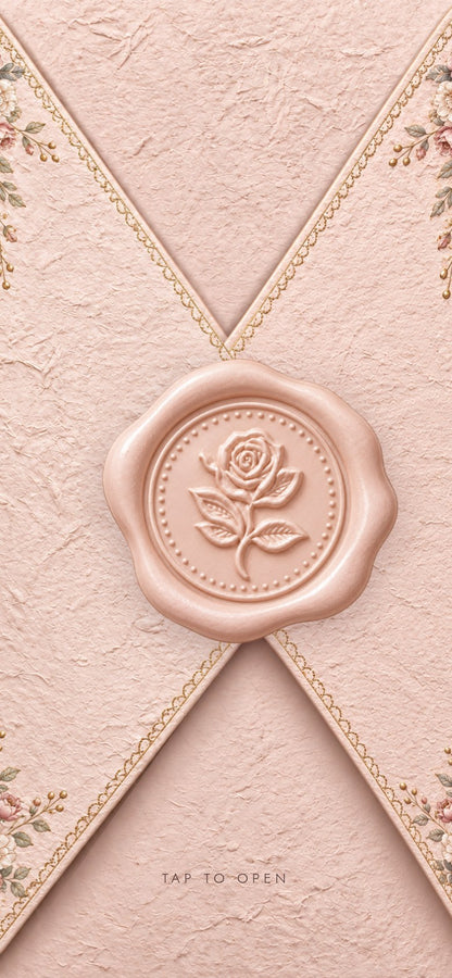 Rose seal envelope wedding invitation website on a phone: blush pink envelope closed with a rose wax seal and a Tap to Open hint, WEB-002