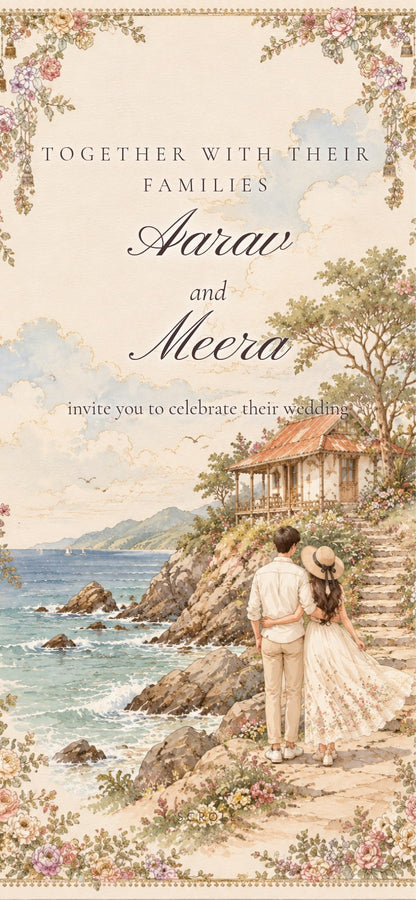 Envelope wedding website opened: watercolour couple on a hillside path above the sea, framed in roses, with Aarav and Meera in script