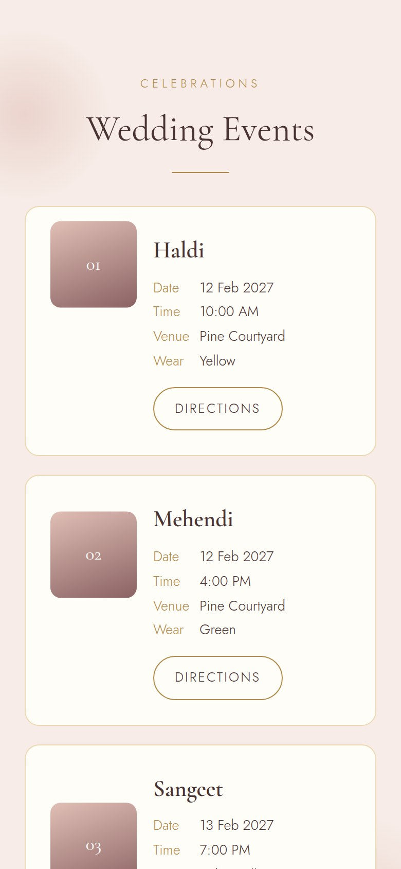 Wedding events on the envelope wedding website: Haldi, Mehendi and Sangeet cards with date, time, venue, dress code and directions
