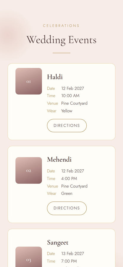 Wedding events on the envelope wedding website: Haldi, Mehendi and Sangeet cards with date, time, venue, dress code and directions