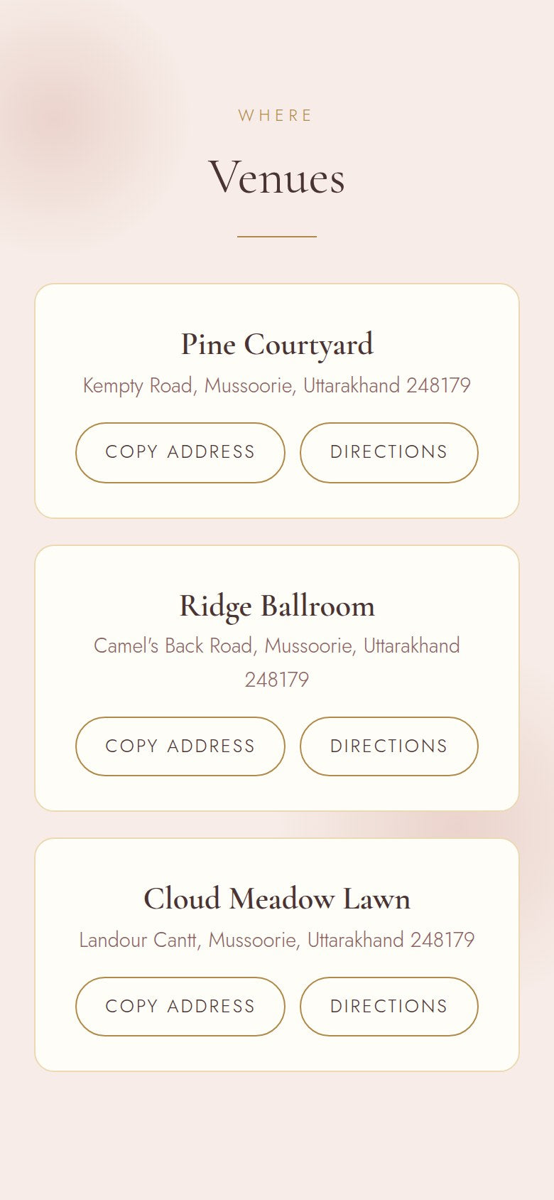 Venues section of the wedding invitation website with Mussoorie addresses, copy address and Google Maps directions buttons