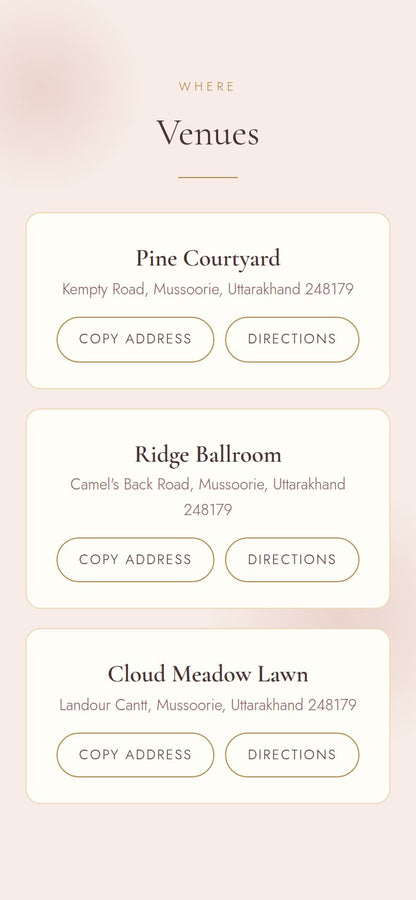 Venues section of the wedding invitation website with Mussoorie addresses, copy address and Google Maps directions buttons