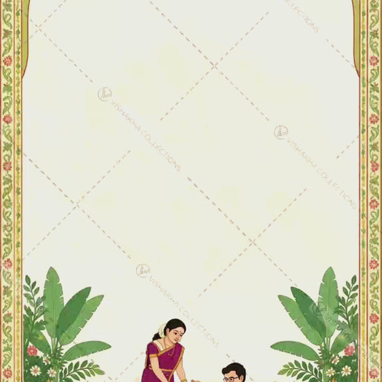 Animated Upanayanam thread ceremony invitation video with music: boy at the sacred fire with his parents and family, programme, venue and RSVP scenes in a green and gold floral arch with banana leaves and brass lamps, VINV-006