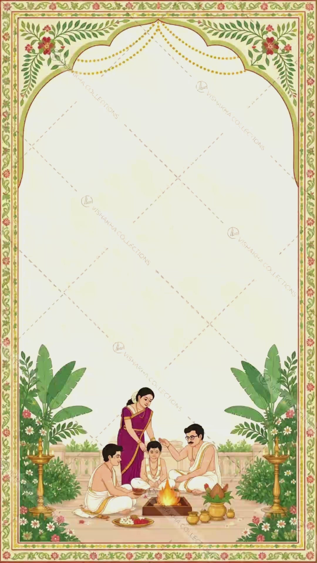 Animated Upanayanam thread ceremony invitation video with music: boy at the sacred fire with his parents and family, programme, venue and RSVP scenes in a green and gold floral arch with banana leaves and brass lamps, VINV-006