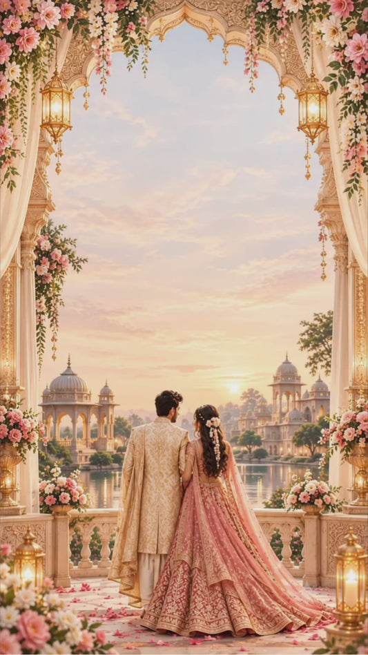 Animated royal palace wedding invitation video with music, showing the cover, wedding, Haldi, Mehendi and Sangeet cards, VINV-001