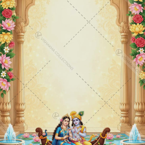 Animated 4K Radha Krishna wedding invitation video with music: Radha and Krishna in a lotus pond boat, by a Vrindavan temple, on a swing, in raas dance, at the pheras and by a river, under carved arches with flowers, VINV-007