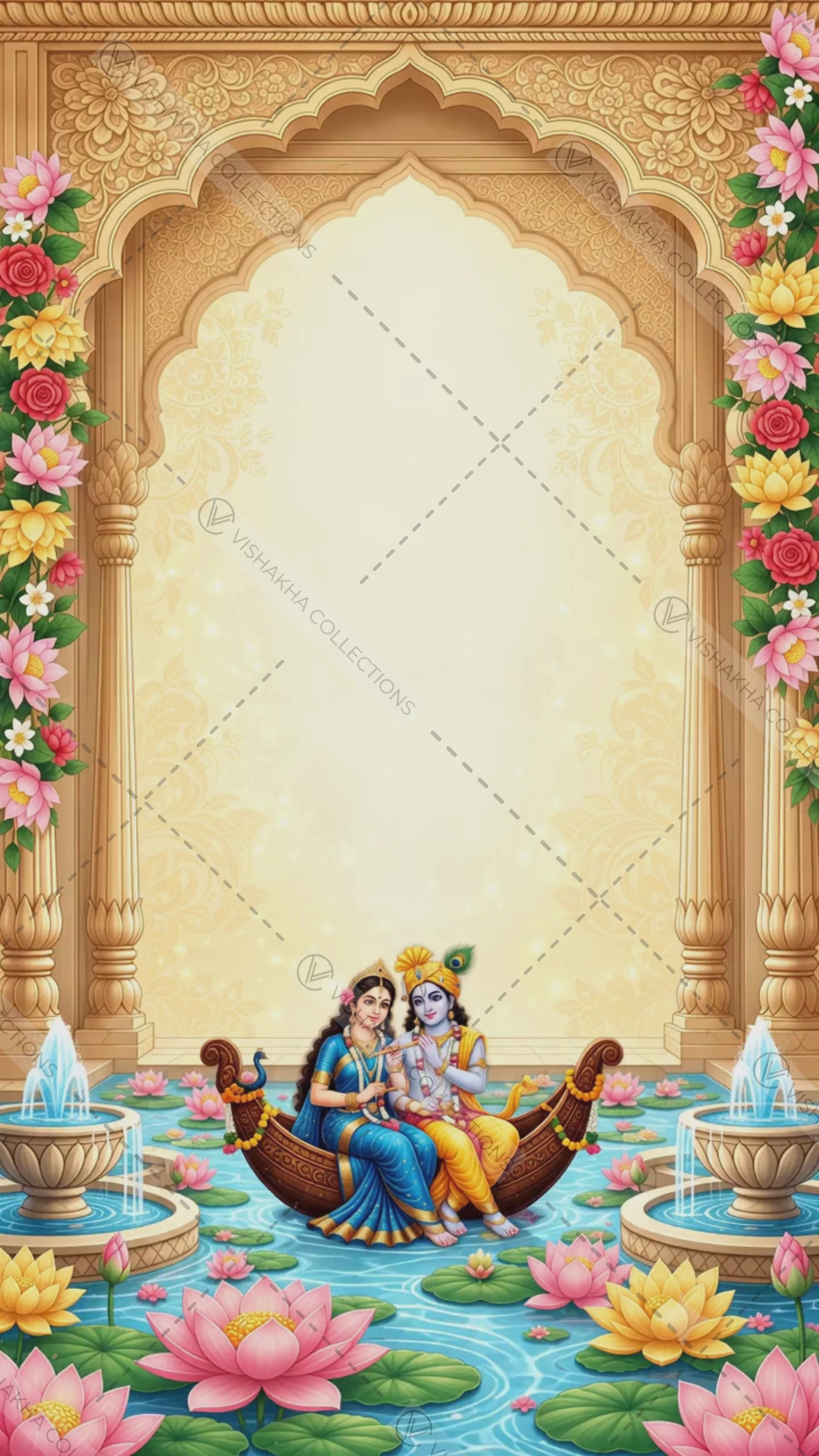 Animated 4K Radha Krishna wedding invitation video with music: Radha and Krishna in a lotus pond boat, by a Vrindavan temple, on a swing, in raas dance, at the pheras and by a river, under carved arches with flowers, VINV-007
