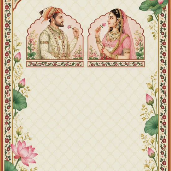 Animated Indian miniature art wedding invitation video with music: bride and groom portraits, pink lotuses, Haldi, Mehendi, Sangeet and reception cards, VINV-003