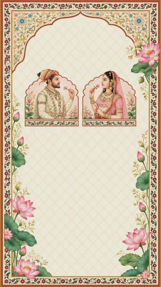 Animated Indian miniature art wedding invitation video with music: bride and groom portraits, pink lotuses, Haldi, Mehendi, Sangeet and reception cards, VINV-003