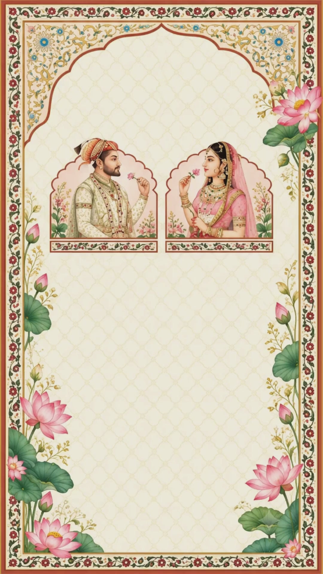 Animated Indian miniature art wedding invitation video with music: bride and groom portraits, pink lotuses, Haldi, Mehendi, Sangeet and reception cards, VINV-003