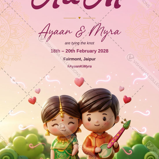 Animated caricature wedding invitation video with music: cute 3D cartoon bride and groom in a love story across save the date, Haldi in mustard fields, Mehendi at a train platform, Sangeet, ring ceremony in the snow and a red and gold Shubh Vivah, VINV-008