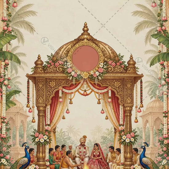 Animated royal peacock wedding invitation video with music: golden temple mandap cover, wedding, Haldi, Mehendi, Sangeet, Vivah and reception scenes under carved gold arches with falling rose petals, VINV-005