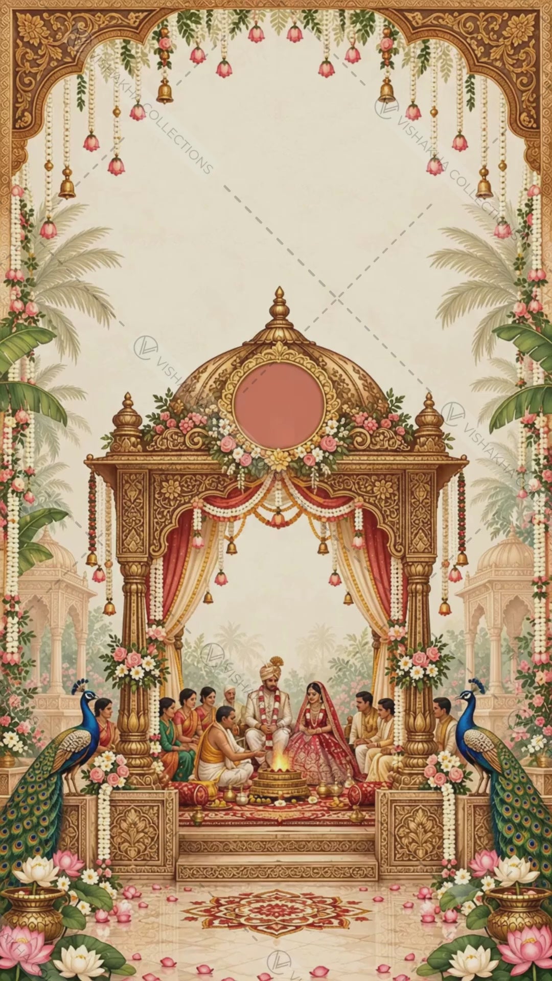Animated royal peacock wedding invitation video with music: golden temple mandap cover, wedding, Haldi, Mehendi, Sangeet, Vivah and reception scenes under carved gold arches with falling rose petals, VINV-005