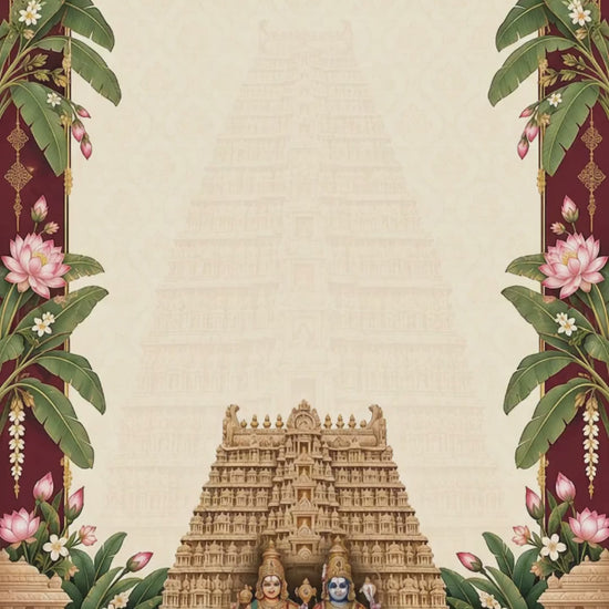 Animated South Indian temple wedding invitation video with music, showing the save the date with Sri Lakshmi Narayana, wedding, Haldi, Mehendi, Muhurtham and reception cards, VINV-002