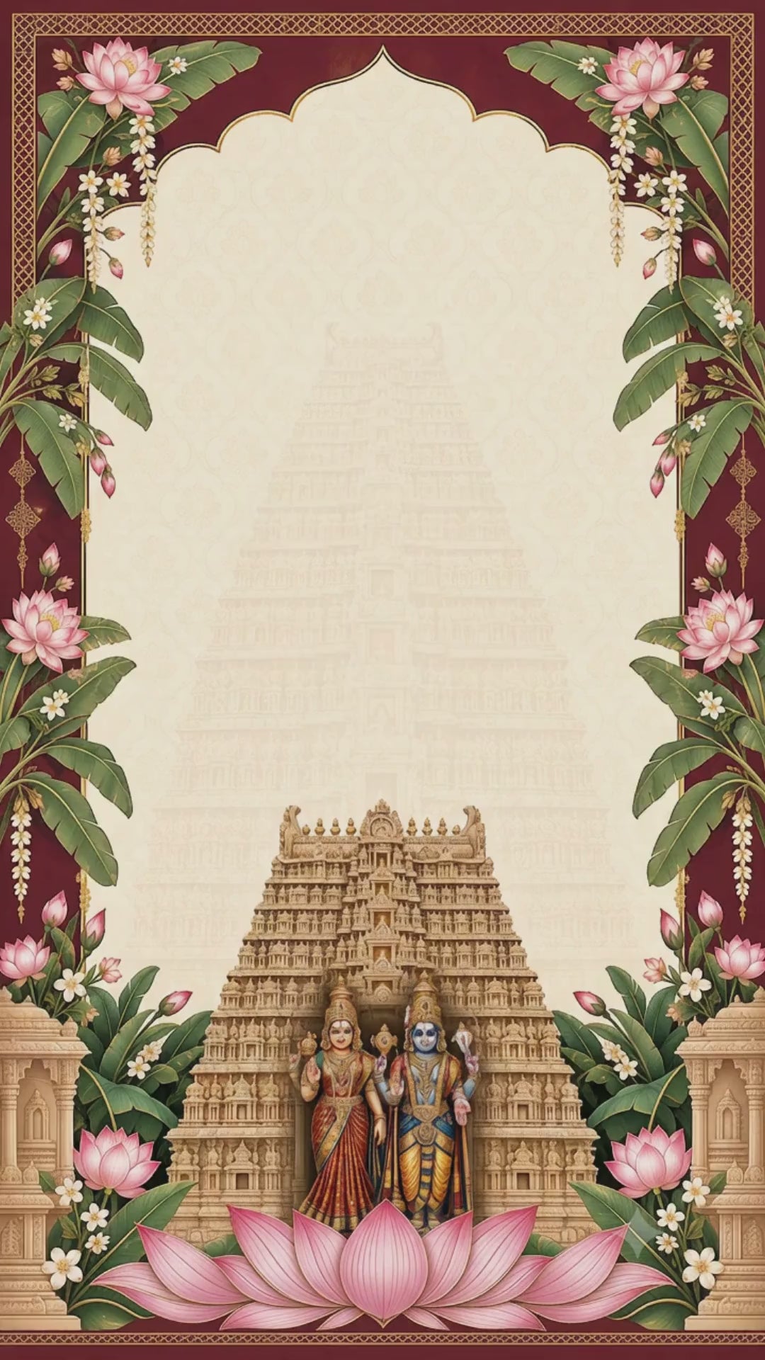 Animated South Indian temple wedding invitation video with music, showing the save the date with Sri Lakshmi Narayana, wedding, Haldi, Mehendi, Muhurtham and reception cards, VINV-002