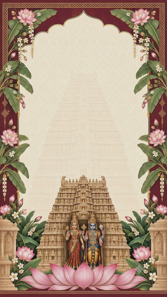 Animated South Indian temple wedding invitation video with music, showing the save the date with Sri Lakshmi Narayana, wedding, Haldi, Mehendi, Muhurtham and reception cards, VINV-002